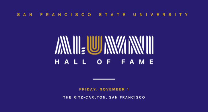 Alumni Hall of Fame invitation with stylized text on a purple background