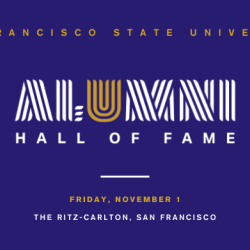 Alumni Hall of Fame invitation with stylized text on a purple background