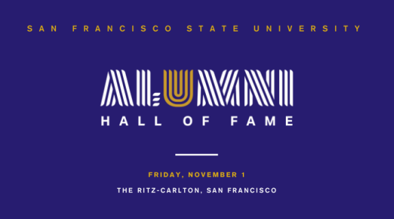 Alumni Hall of Fame invitation with stylized text on a purple background