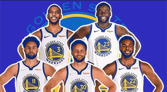 5 players from the Warriors dressed in their team jerseys 